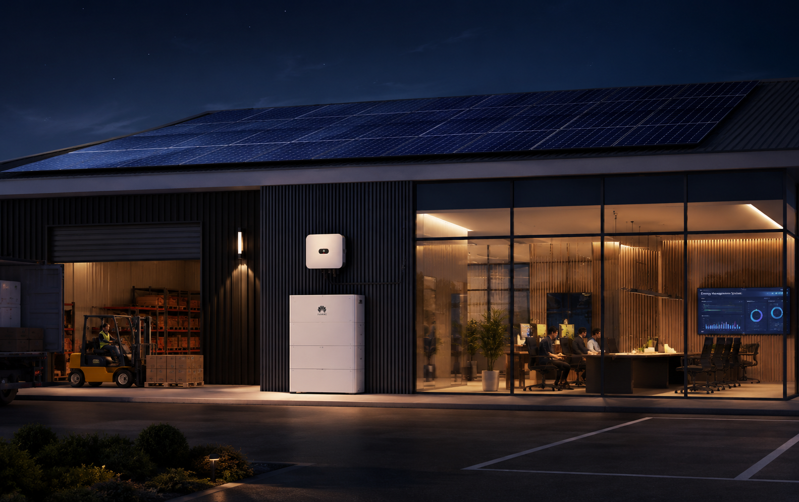 Nave industrial con energía solar y gestión inteligente